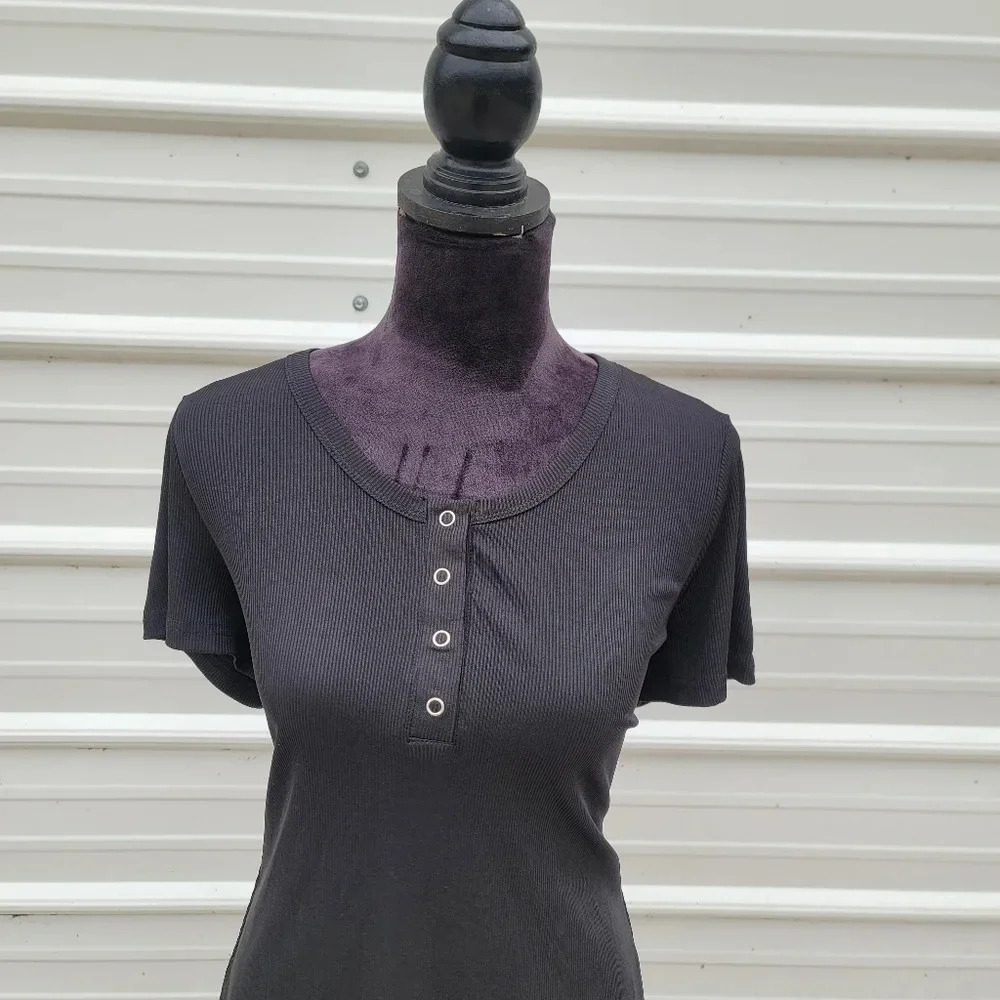 NWOT Women's RB5842 Black Snap Stretch Polyester T-Shirt Ribbed XL - Picture 4 of 7